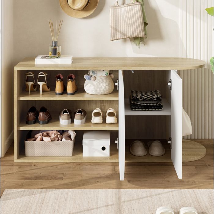 Meuble à chaussures avec banc 104 x 37 x 50 cm 2 portes push-to-open blanc brillant et décor bois naturel
