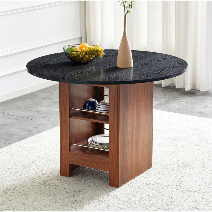 Table de Salle à Manger Ronde avec 2 Étagères Ouvertes - ELVMI - MDF Noyer et Noir pour Cuisine 100×100×76 cm