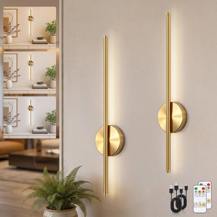 Applique murale sans fil dorée lot de 2 - rechargeable 4400 mAh dimmable avec télécommande et minuterie