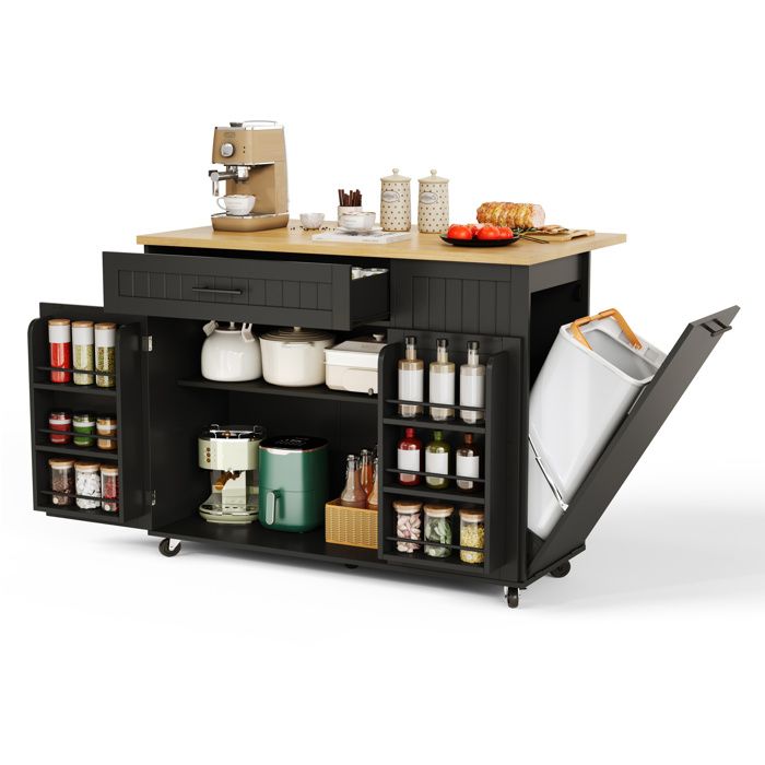 ELVORIN Ilot central mobile de cuisine 130 x 70 x 93 cm plateau rabattable placard compartiment poubelle noir