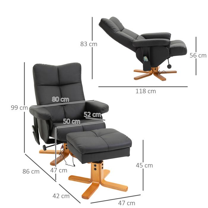 Fauteuil massant relaxant avec repose-pieds inclinable 145° rotation 360° polyester aspect lin noir ORVRYN