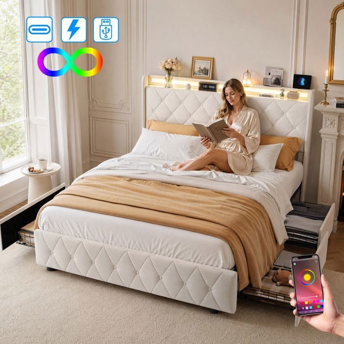 Lit double 140x200 cm avec LED et 4 tiroirs- SORVAGLOS- Cadre de lit 140x200 -Ports USB- Tête de lit avec rangement -Velours -beige