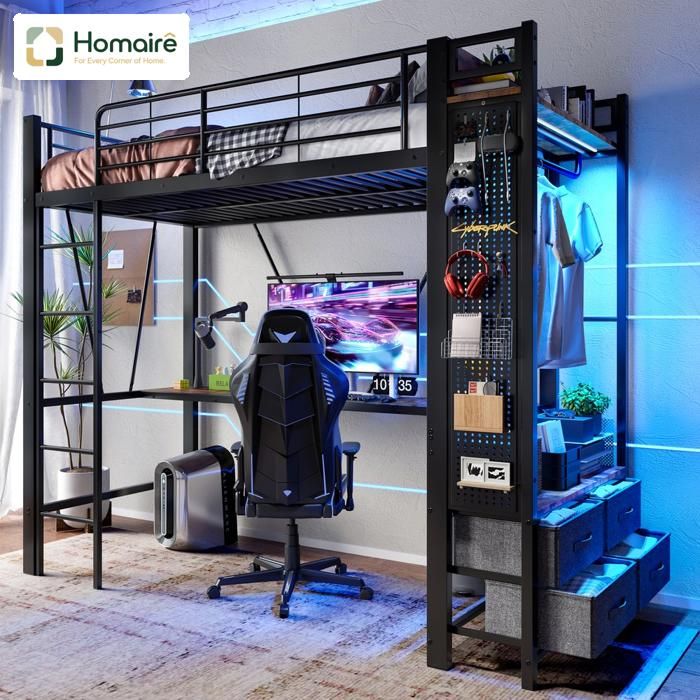 Lit superposé avec bureau et tiroirs de rangement Cadre en fer Éclairage LED Port USB HOMAIRE
