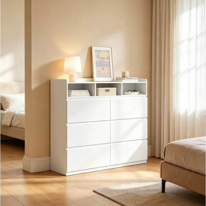 Commode blanche 120 x 40 x 100 cm - 6 tiroirs 3 niches ouvertes meuble de rangement moderne