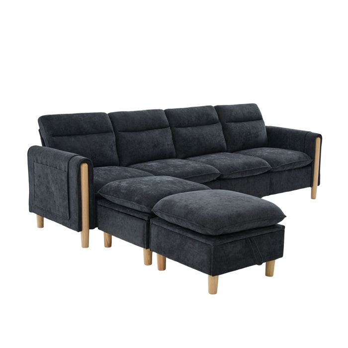 Canapé modulable en U 4 places avec 2 poufs coffres tissu chenille noir assise mousse et ressorts pieds en bois
