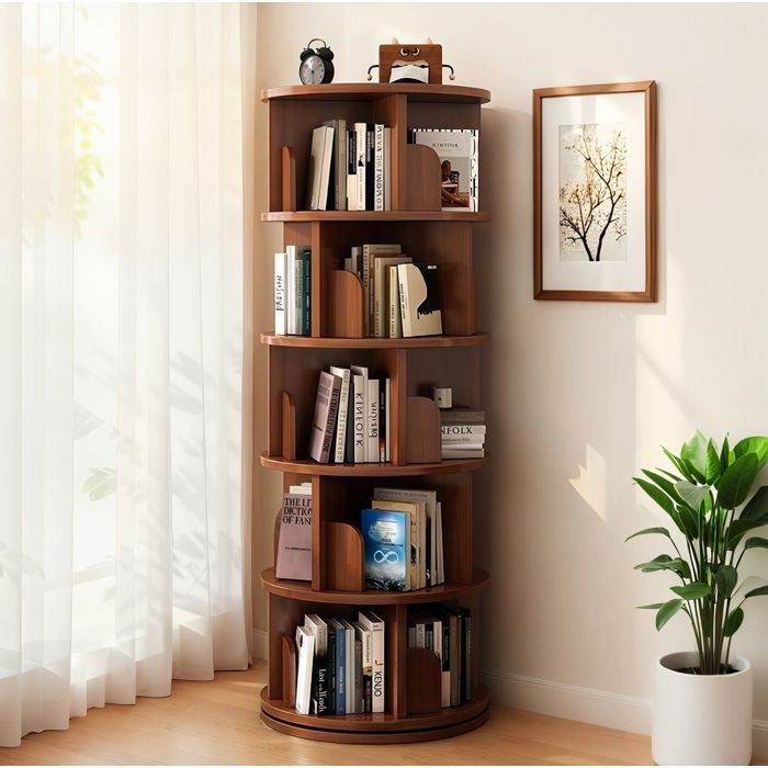 Modenuit Bibliothèque rotative 360° 5 niveaux gain de place en MDF coloris noyer