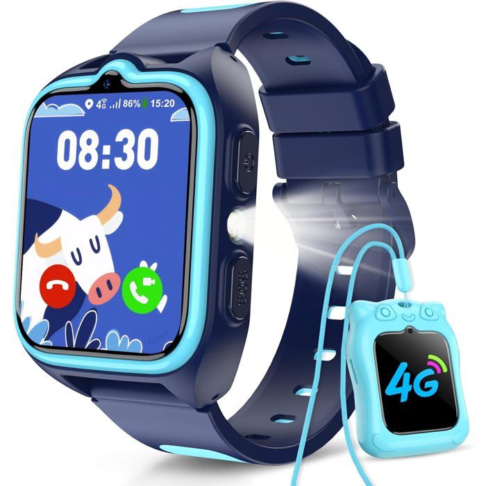 4G Montre Connectée Enfant GPS SOS Appel téléphonique&Vidéo Mode École Carte SIM Compatible Chat Vocal Lampe Torche Podomètre