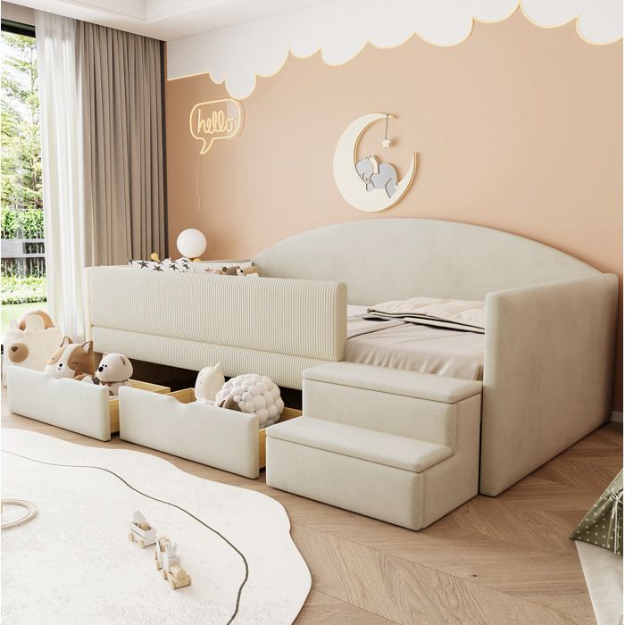 Lit rembourré 90x190 cm canapé-lit beige en velours avec 2 tiroirs barrières de sécurité marches et sommier FOLYNA