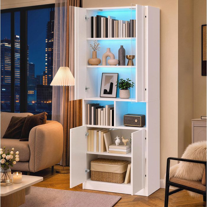 Vitrine Haute Blanche Avec LED Armoire Design FloraGrace Pour Salon Entrée Chambre Commande Par Application 70x35x180cm