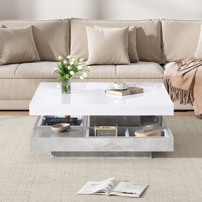 ROVRYN Table basse double pivotante 360° 70x70x36 cm avec rangement panneaux de particules blanc décor marbre