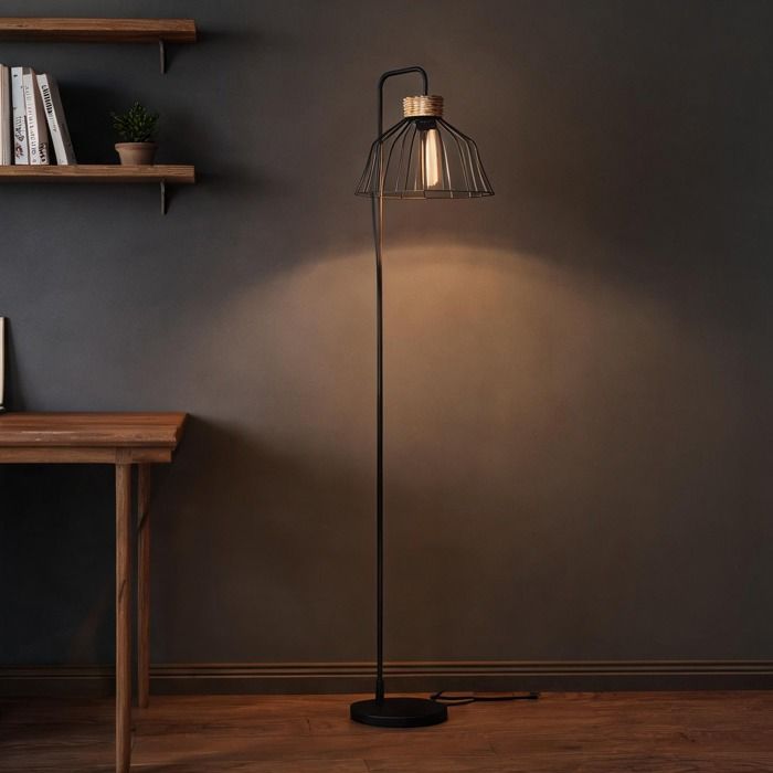 Lampadaire design noir métal et rotin 154 cm pour salon bureau ou restaurant - Noir Métal 44 x 34 x 154 cm Ref Z6EC70