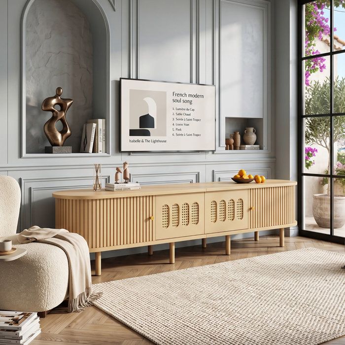 Meuble TV 180x40x40cm Grand Rangement Gain de Place Style Bohème en Cannage Rotin Pour TV 75 Pouces & 8 Pieds