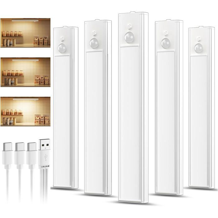 Réglette LED rechargeable 20 cm blanc chaud détecteur de mouvement intensité variable fixation magnétique 5 pièces