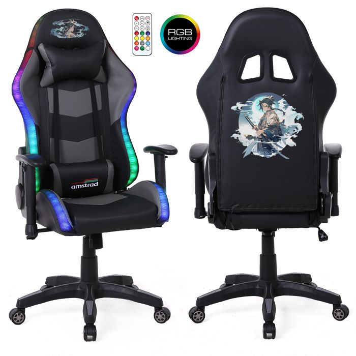 AMSTRAD Fauteuil gaming ELITE-LED-SAMURAI - Noir et gris - Eclairage LED 576 effets - T&eacute;l&eacute;commande - Accoudoir 2D