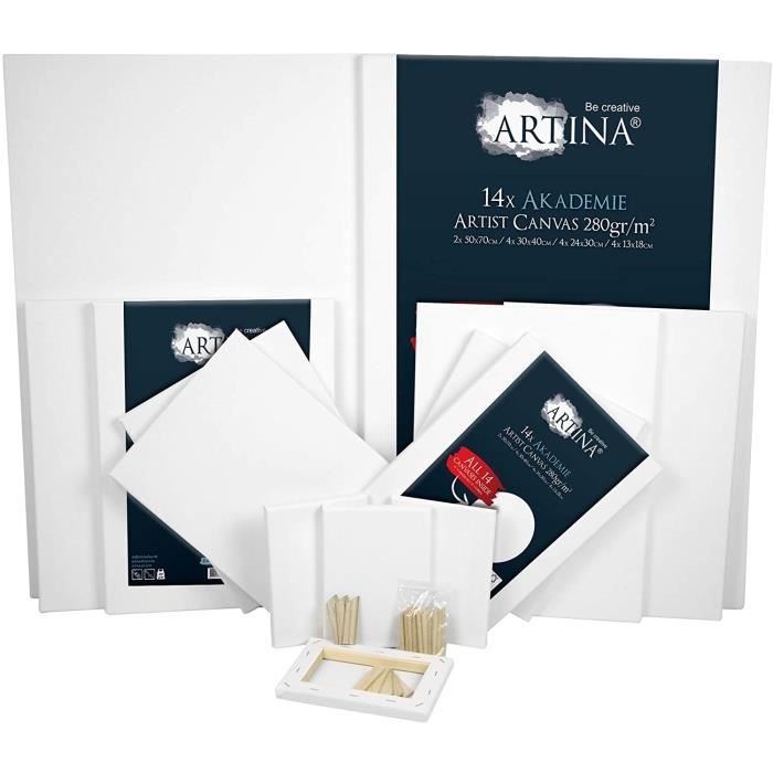 Artina - Lot de 14 Toiles à peindre - Châssis entoilés Akademie certifiés FSC - 50x70 cm, 30x40 cm, 24x30 cm, 13x18 cm - 280g-m²