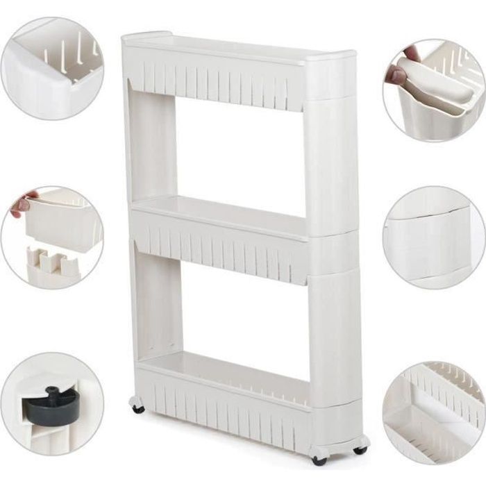 Chariot de stockage à roulettes 3 niveaux HHENGDAFS - Blanc - Meuble de cuisine - Contemporain - Design