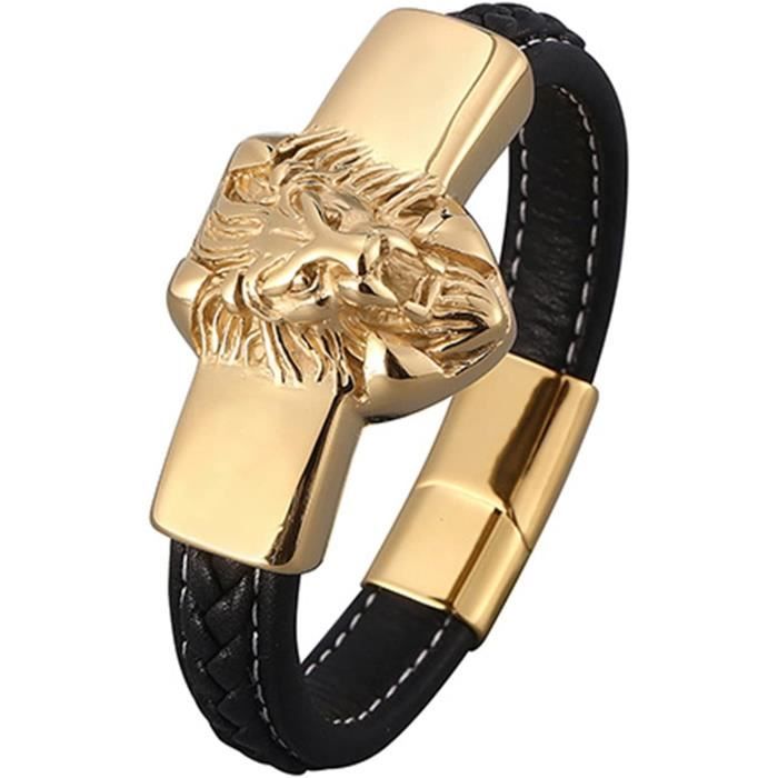 Bracelet Tressé Cuir & Acier Inoxydable - Noir, Unisexe Magnétique