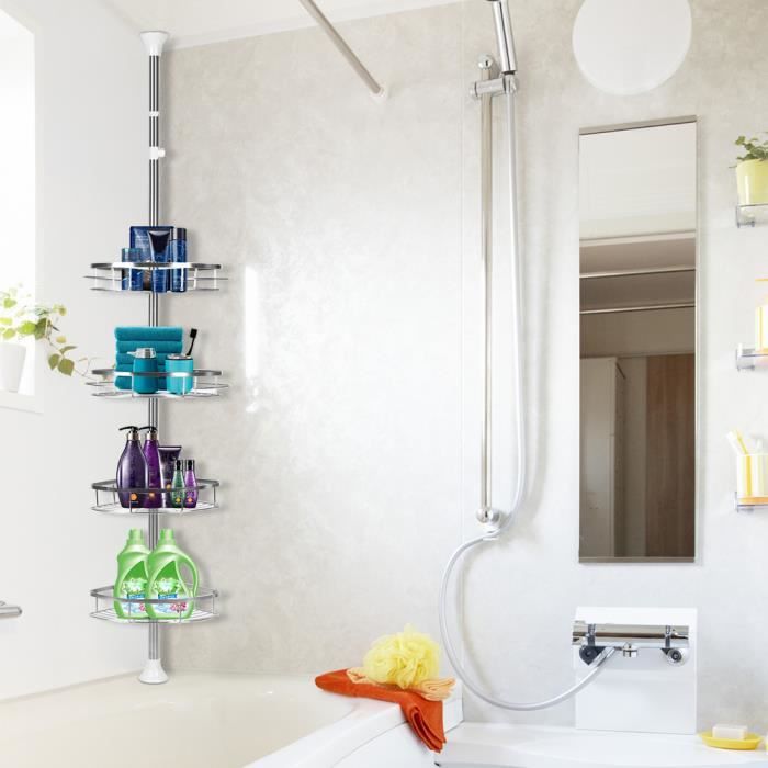 etagère de douche-télescopique en acier inoxydable-pour shampooing, rasoirs, éponges et autres -avec 4 plateaux