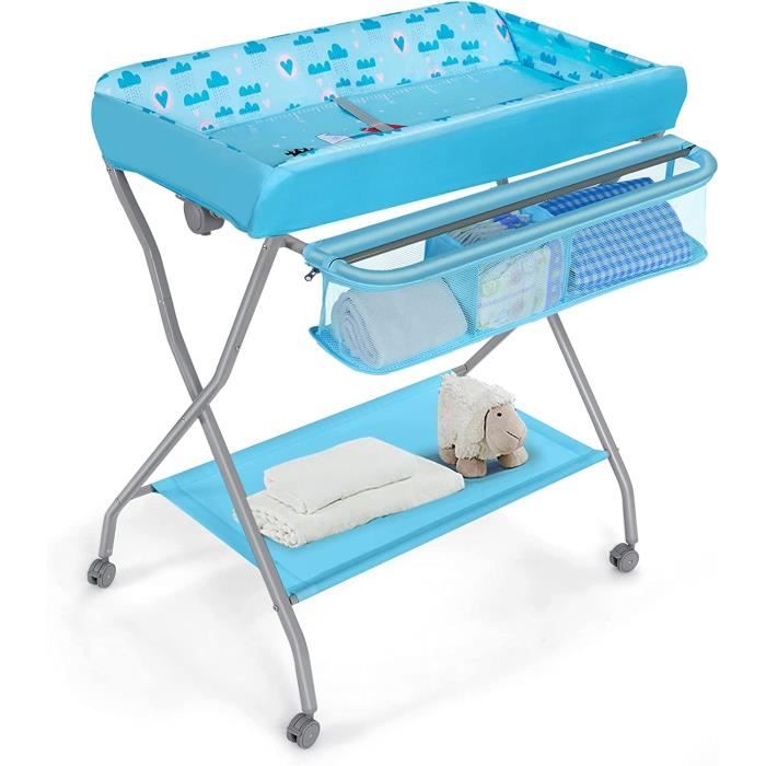 Table à Langer Pliante Avec Roues Et Frein - Hauteur Réglable - Panier De Rangement - Portable Pour Bébé