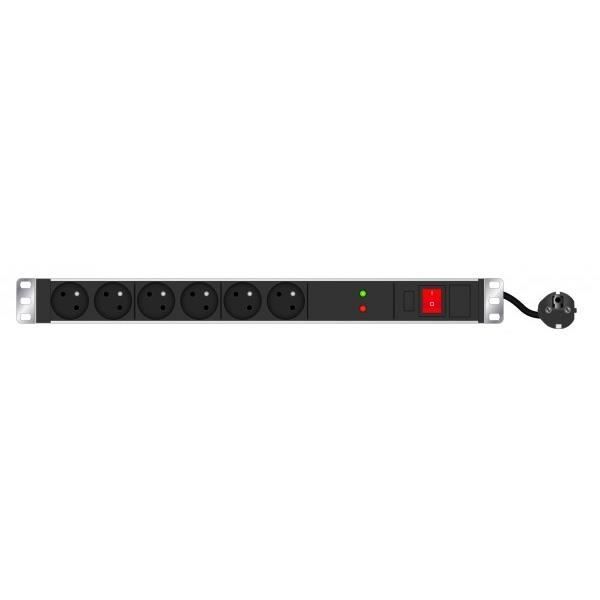Multiprise - Rackable 19 - 6 prises CEE7 - Aluminium gris - Parafoudre avec interrupteur