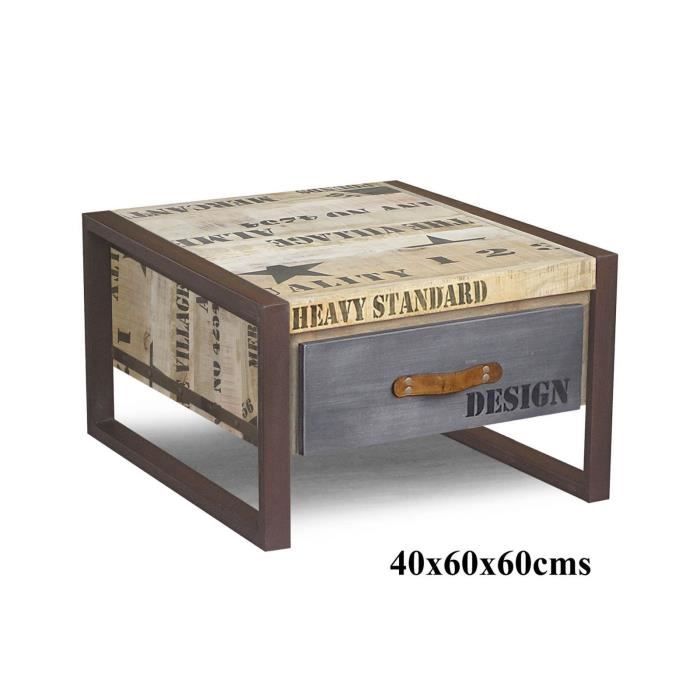 Table basse industrielle 60x60cm Bois massif de manguier brut Fer et bois imprimé FACTORY