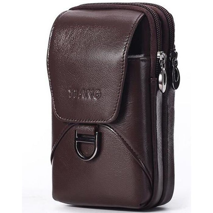 coffee 1 -sac de taille en cuir véritable pour homme, sacoche portable à la mode avec crochet de ceinture, pochette banane