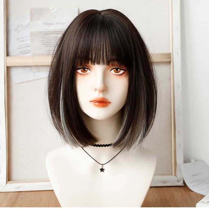 Perruque Synthétique Courte Noire Lisse Avec Frange - Style Anime/Naturel, Cadeau Inclus