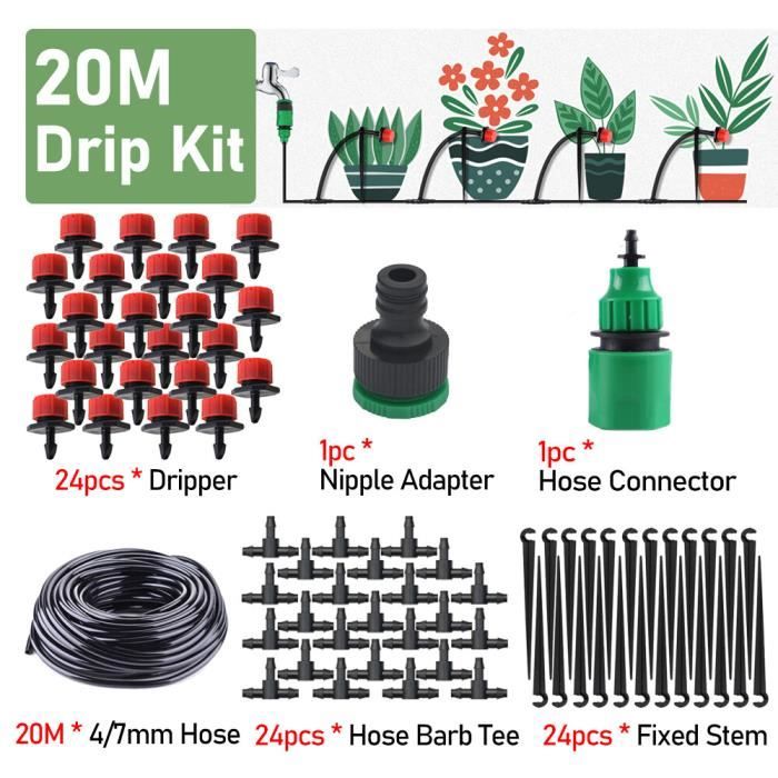 Kit D'Arrosage Goutte-à-Goutte 104 Pièces - 20m Tuyau, Buses 360°, Pour Jardin, Potager, Pelouse