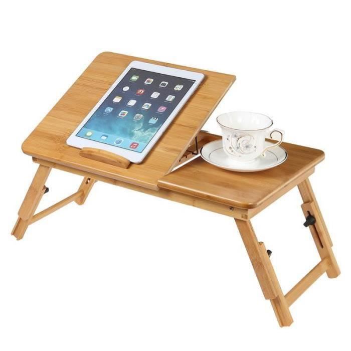 Plateau Lit Bambou Pliable Pour Ordinateur Portable - Réglable En Hauteur Avec Tiroir, 53x33 Cm