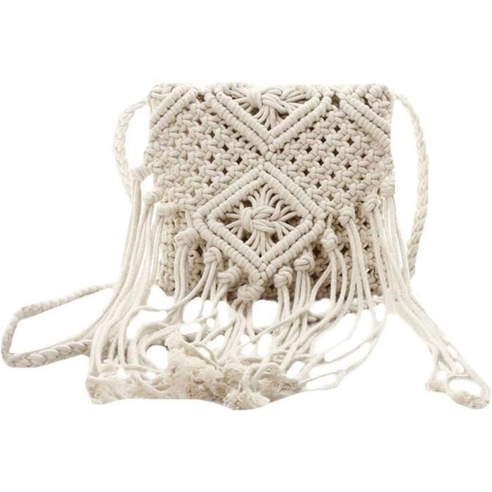 Sac Bandoulière Crochet Pompon été - Pochette Plage Femme Bohème - Coton Tissé Main - Idée Cadeau