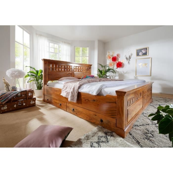 Massivmoebel24 - Lit double 200x200 Acacia laqu&eacute; Miel oxford 0311