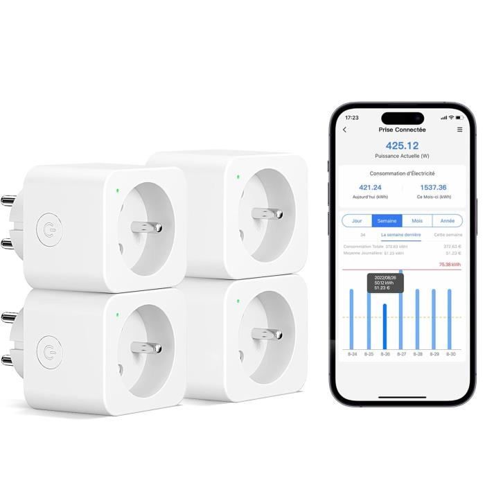 Meross Prise Connectée Type E 16A Prise WiFi Compatible avec Alexa et Google Home 4 Prises avec Mesure Consommation Électrique av