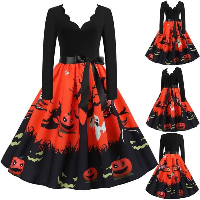 Robe Imprimée Crâne Et Roses – Halloween – Manches Longues – Col V – Élasthanne – Avec Collier Et Chapeau – Pour Carnaval, Soirée Gothique, Cosplay