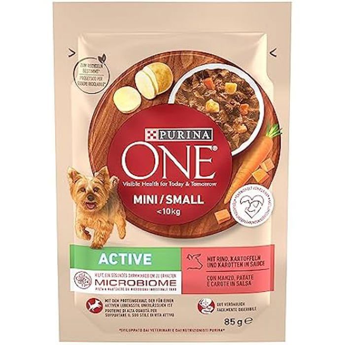 Meilleurs prix pour PURINA ONE Mini/S Active Lot de 26 boîtes de Nourriture Humide pour Petits Chiens, Riches en bœuf et légumes, 26 x 85 g
