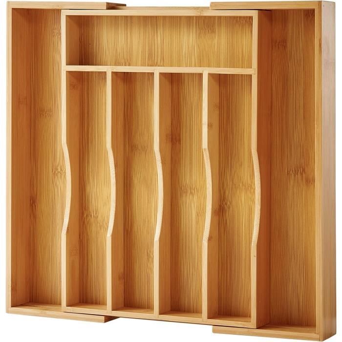 Organiseur Tiroir Bambou VaeFae - Extensible 33-55cm - 5-7 Compartiments - Bloc Couteaux Amovible - Noir