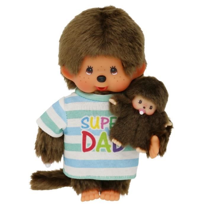 super papa avec enfant | 20 cm | kiki | poupée monchhichi | garçon | avec bébé