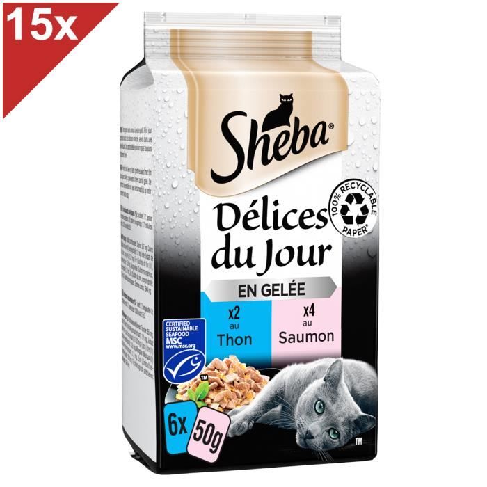Comparer les prix de Aliment humide pour chat - SHEBA - Délices du jour - Thon et Saumon - 90 Sachets fraîcheur - 50g (6x15)