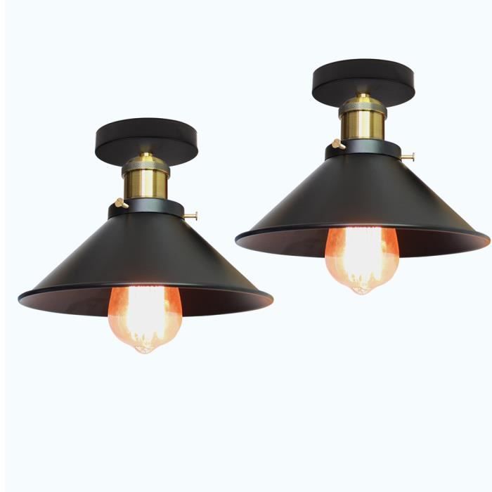 Plafonnier Industriel Vintage - WOTTES - Lot de 2 - Noir - E27 - Fer Forgé