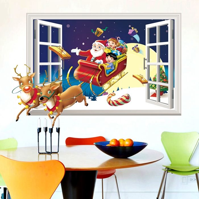 Autocollant Mural Noël 3D - Père Noël Traversant Le Mur, 38x35 Cm, Décor Fenêtre, Cuisine, Salle De Bain, Amovible