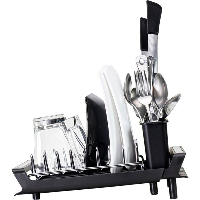 Urackify Egouttoir Vaisselle, Égouttoir à Vaisselle Extensible, Egoutoire Vaisselle Cuisine Pliable avec Porte-Couverts Amovible, Grand Egouttoir Vaisselle Noir