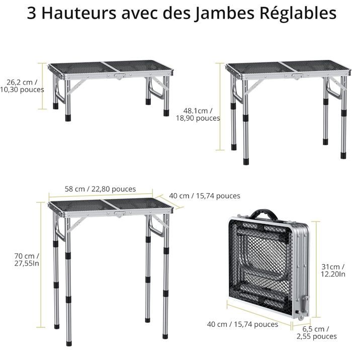 Table De Barbecue Pliante 58X40 Cm, 3 Hauteurs Réglables Jusqu’À 70 Cm ...