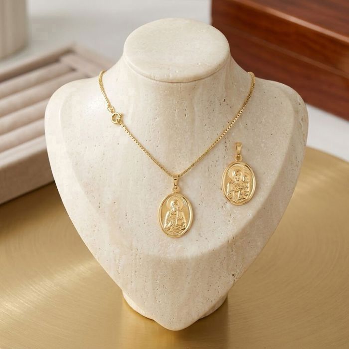 Collier Pendentif Vierge Marie - Ovale Plaqué Or 750 - Chaîne 50 Cm - Neuf Avec étiquettes