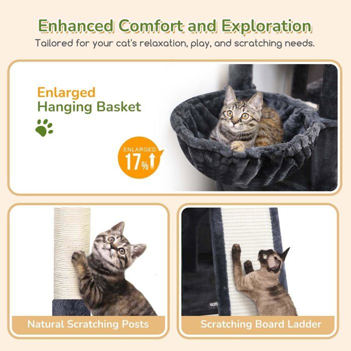 Arbre à Chat Globlazer F50 - 2 Niches Rotatives 90°, Plateforme Rembourrée, Sisal, Stable, Gris Clair