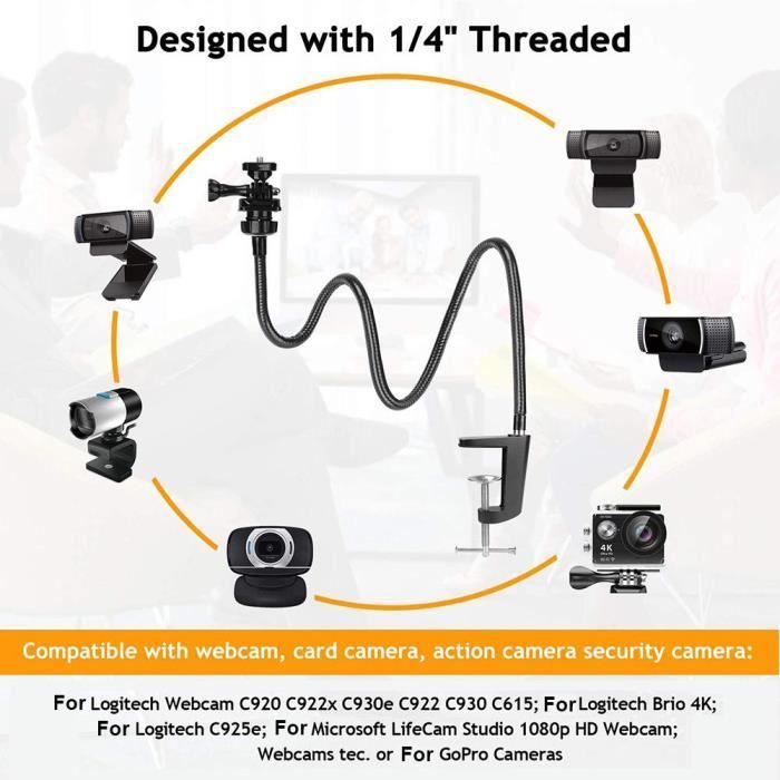 Support Flexible En Col De Cygne Pour Webcam/caméra - Pince 1-5 Cm, Filetage 1/4" (adaptateur 3/8" Inclus)