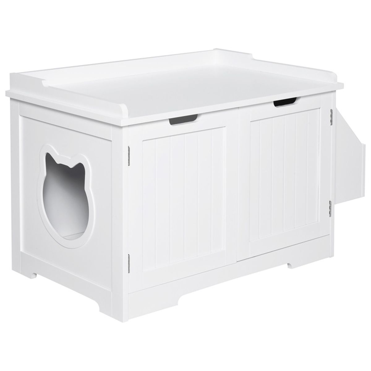Maison De Toilette Pour Chat Design Entree Tete Chat 2 Portes Rangement Lateral Et Plateau Mdf Blanc Cdiscount Animalerie