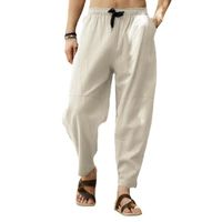 PANTALON  Pantalon Homme Lin Et Coton Pantalon Toile Été Pantalon Detente Yoga Léger Regular Taille Elastique Blanc