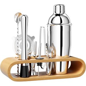Kit à Cocktails Relaxdays 16 Pièces - Shaker, Accessoires Inox Et Support Bambou