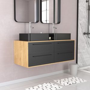 SALLE DE BAIN COMPLETE Pack meuble de salle de bain caisson finition chêne naturel + 2 vasques noir mat - UBY 120cm