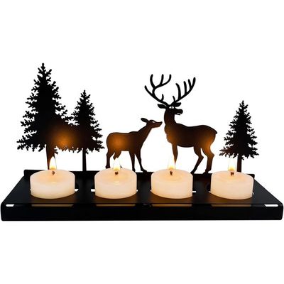 Bougeoir De Noël En Métal Et Bois - Support Pour 4 Bougies Chauffe-plat - Décoration De Table, Cheminée, Salon - Père Noël, Renne, Sapin