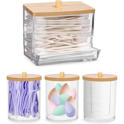 OLegei 4pcs boîte coton-tige en acrylique, Distributeur de coton-ballon Organisateur pour la salle de bain avec couvercles et plateau en bambou ( Jaune OLegei 4pcs boîte coton-tige en acrylique, Distributeur de coton-ballon Organisateur pour la salle de bain avec couvercles et plateau en bambou ( Jaune